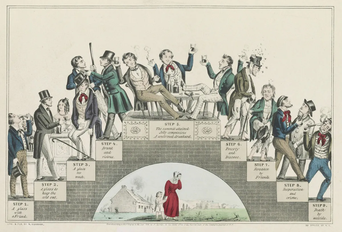 A Lithograph supporting the temperance movement, "The Drunkard's Progress: From the First Glass to the Grave," circa 1846, by Nathaniel Currier. Library of Congress. (Public Domain)