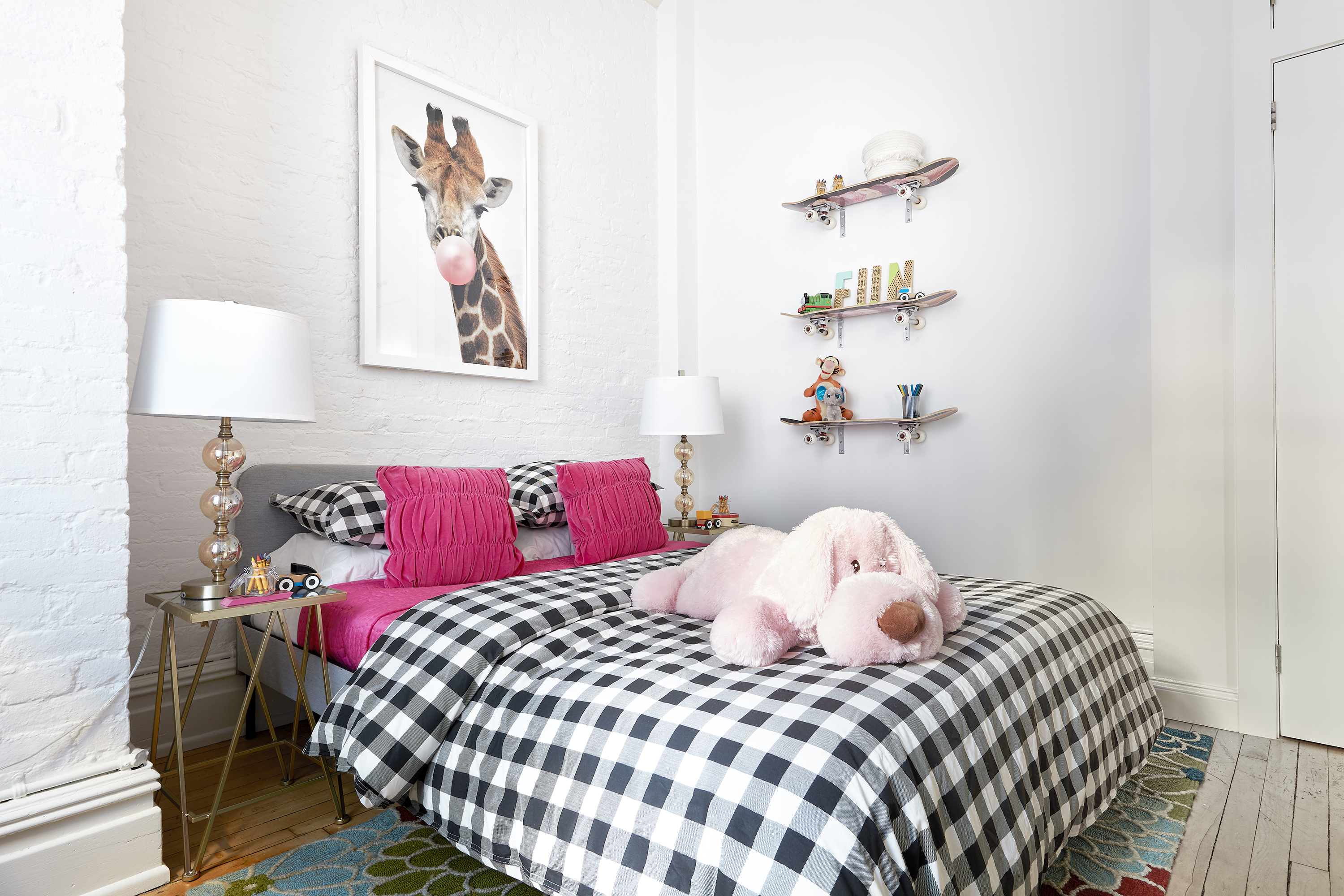 Skateboards used as wall shelves help create an innovative shelf solution.
