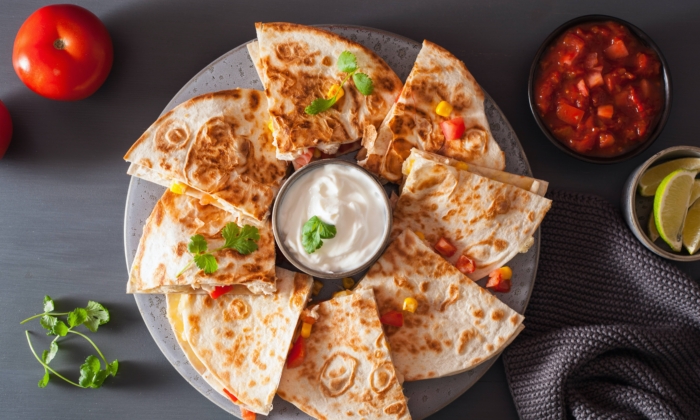 Chicken-Mushroom Quesadillas with Corn and Black Bean Salad