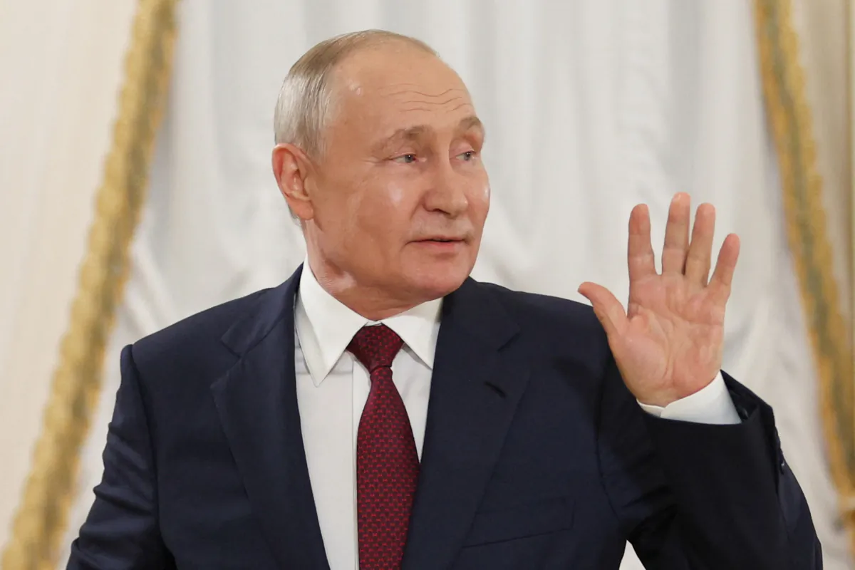 Russia's President Vladimir Putin gestures during a press conference following the Russia-Africa summit in Saint Petersburg, Russia, on July 29, 2023. (Sergei Bobylyov/TASS Host Photo Agency via Reuters)