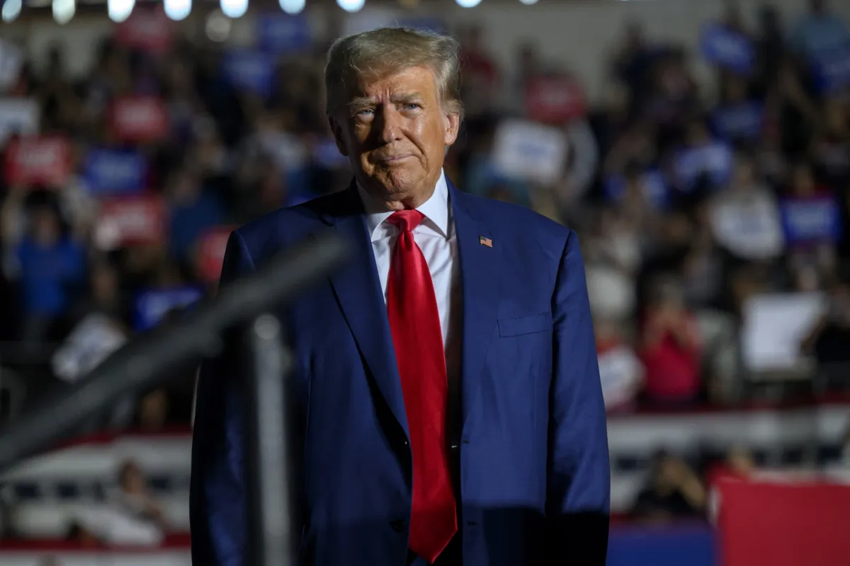 Former President Donald Trump enters Erie Insurance Arena for a political rally while campaigning for the GOP nomination in the 2024 election, in Erie, Pa., on July 29, 2023. (Jeff Swensen/Getty Images)