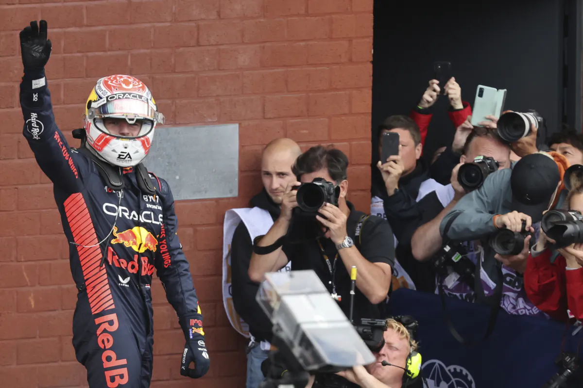 Red Bull driver Max Verstappen of the Netherlands celebrates after winning the Formula One Grand Prix at the Spa-Francorchamps racetrack in Spa, Belgium, on July 30, 2023. (Geert Vanden Wijngaert/AP Photo)