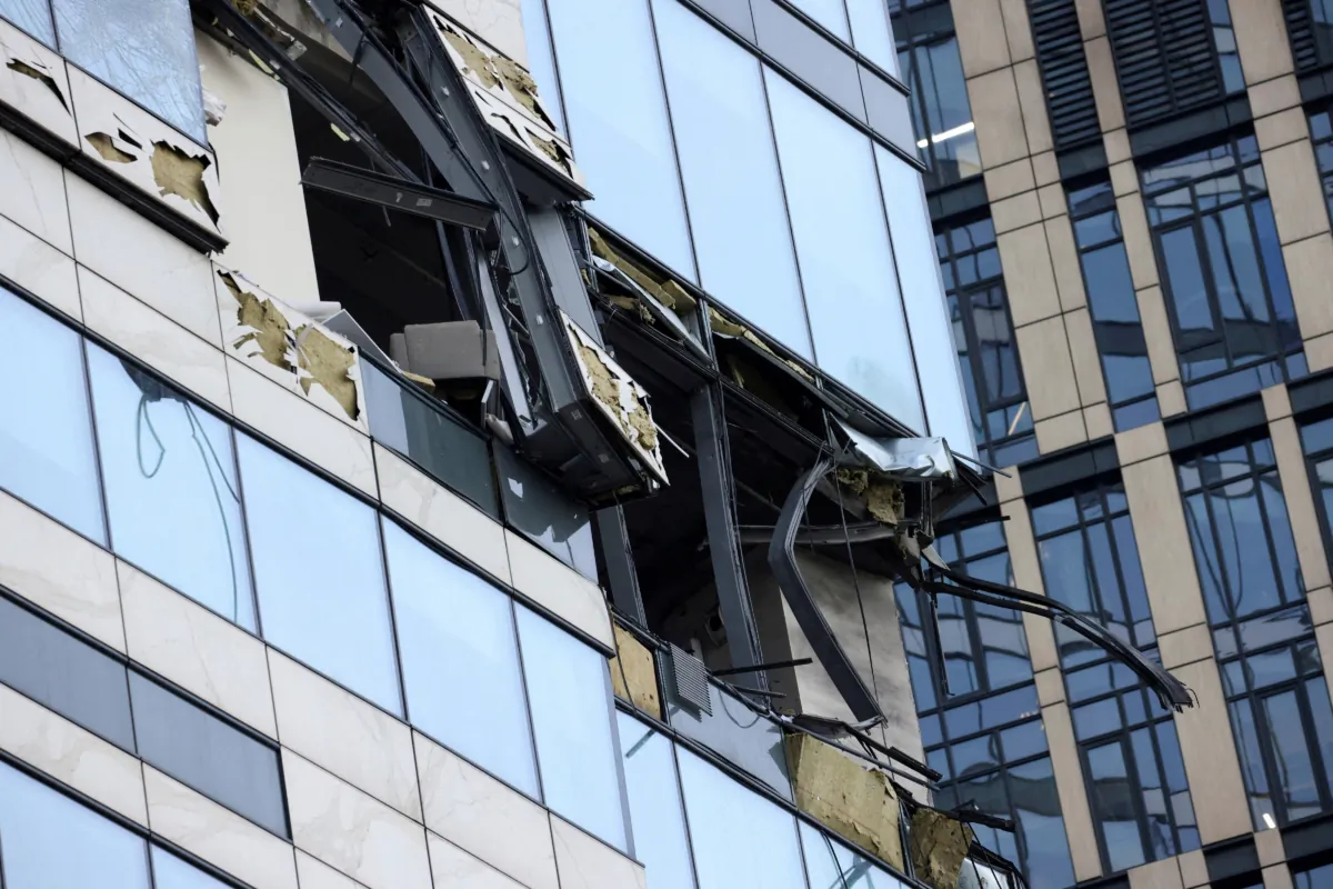 A building shows damage caused by a drone attack in Moscow on July 30, 2023. (Stringer/Reuters)