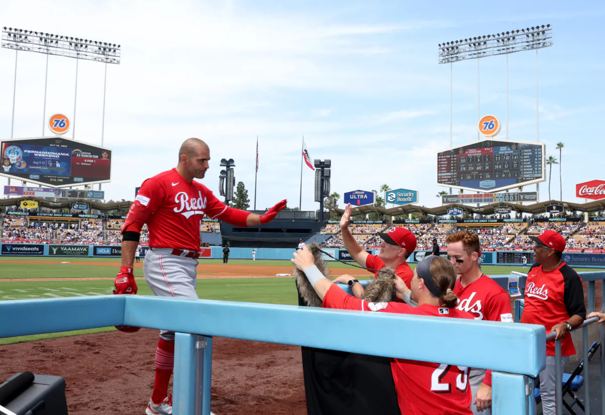 Joey Votto (19) of the Cincinnati Reds celebrates his two run homerun with his dugout, to take a 7-0 lead over the Los Angeles Dodgers, during the third inning at Dodger Stadium in Los Angeles on July 30, 2023. (Harry How/Getty Images)