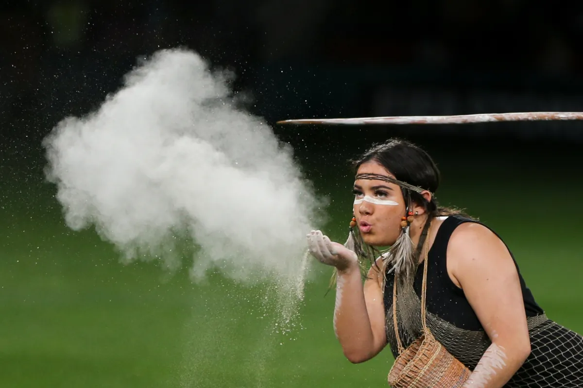 An Indigenous woman performs during a welcome to country ceremony during the FIFA Women's World Cup 2023 soccer match between China and Haiti at Hindmarsh Stadium in Adelaide, Australia, on July 28, 2023. (AAP Image/Matt Turner)