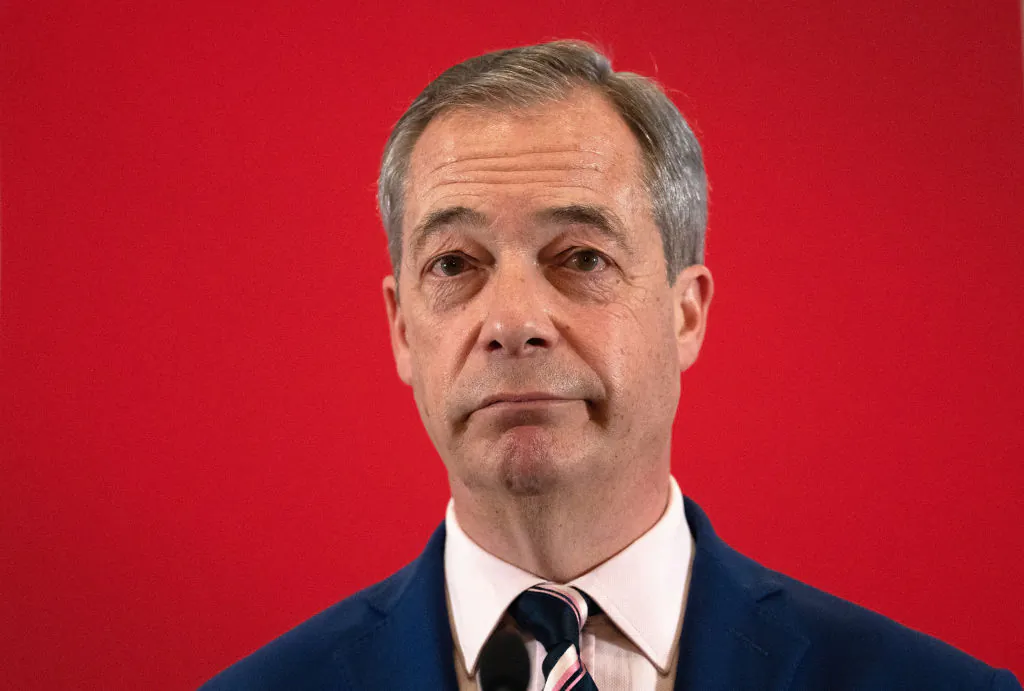 Reform UK honorary president Nigel Farage pauses as he speaks during a party press conference in London on March 20, 2023. (Carl Court/Getty Images)