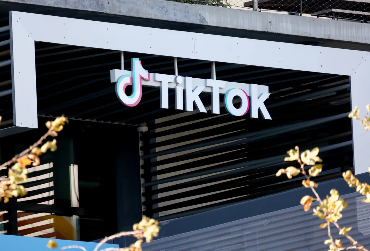 The TikTok logo is displayed at a TikTok office in Culver City, California on December 20, 2022. (Mario Tama/Getty Images)
