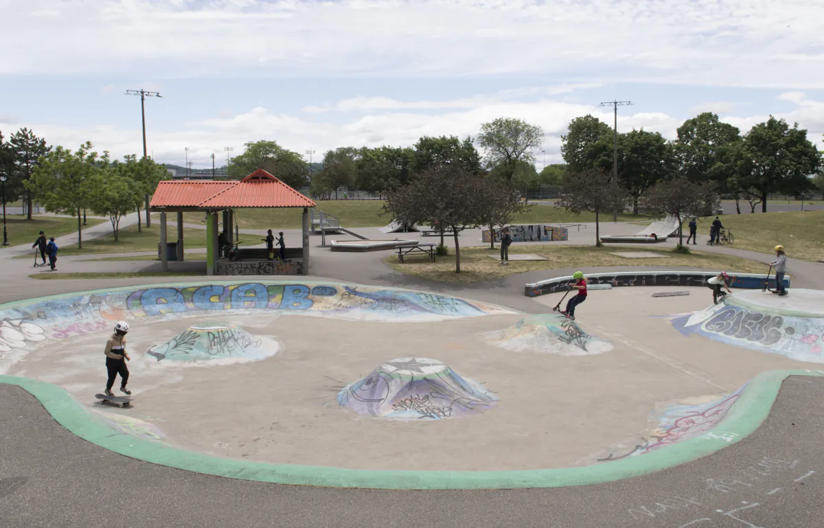 Children play at a skate park in Montreal on June 13, 2020. (Graham Hughes/The Canadian Press)