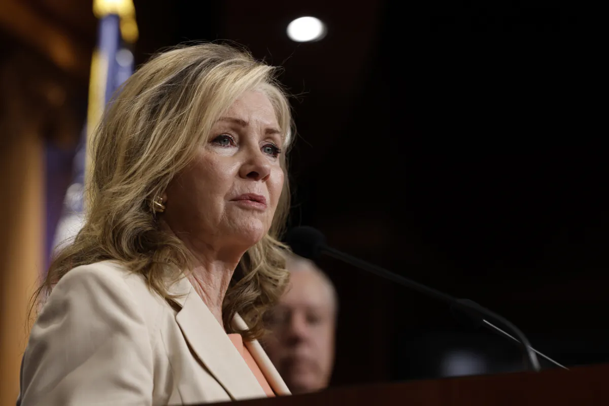 Sen. Marsha Blackburn (R-Tenn.) speaks at a news conference on the Supreme Court at the U.S. Capitol Building in Washington, on July 19, 2023. (Anna Moneymaker/Getty Images)