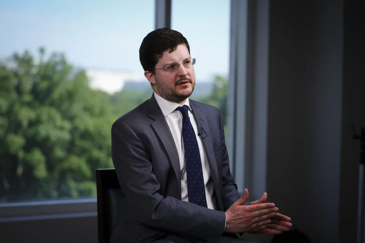 Jonathan Ward, author of "The Decisive Decade: American Grand Strategy for Triumph Over China, speaks during an interview for American Thought Leaders in Washington on June 26, 2023.(Madalina Vasiliu/The Epoch Times)