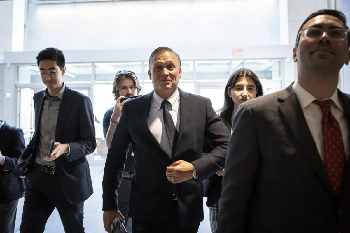 At center, Devon Archer, a former business associate of Hunter Biden, arrives for closed-door testimony with the House Oversight Committee in Washington on July 31, 2023. (Drew Angerer/Getty Images)