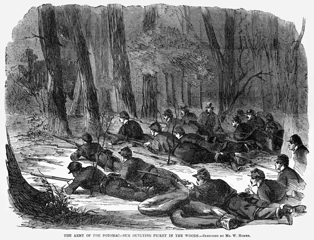 “The Army of the Potomac—Our Outlying Picket in the Woods,” 1862, by Winslow Homer. Wood engraving; The Cleveland Museum of Art. (Public Domain)