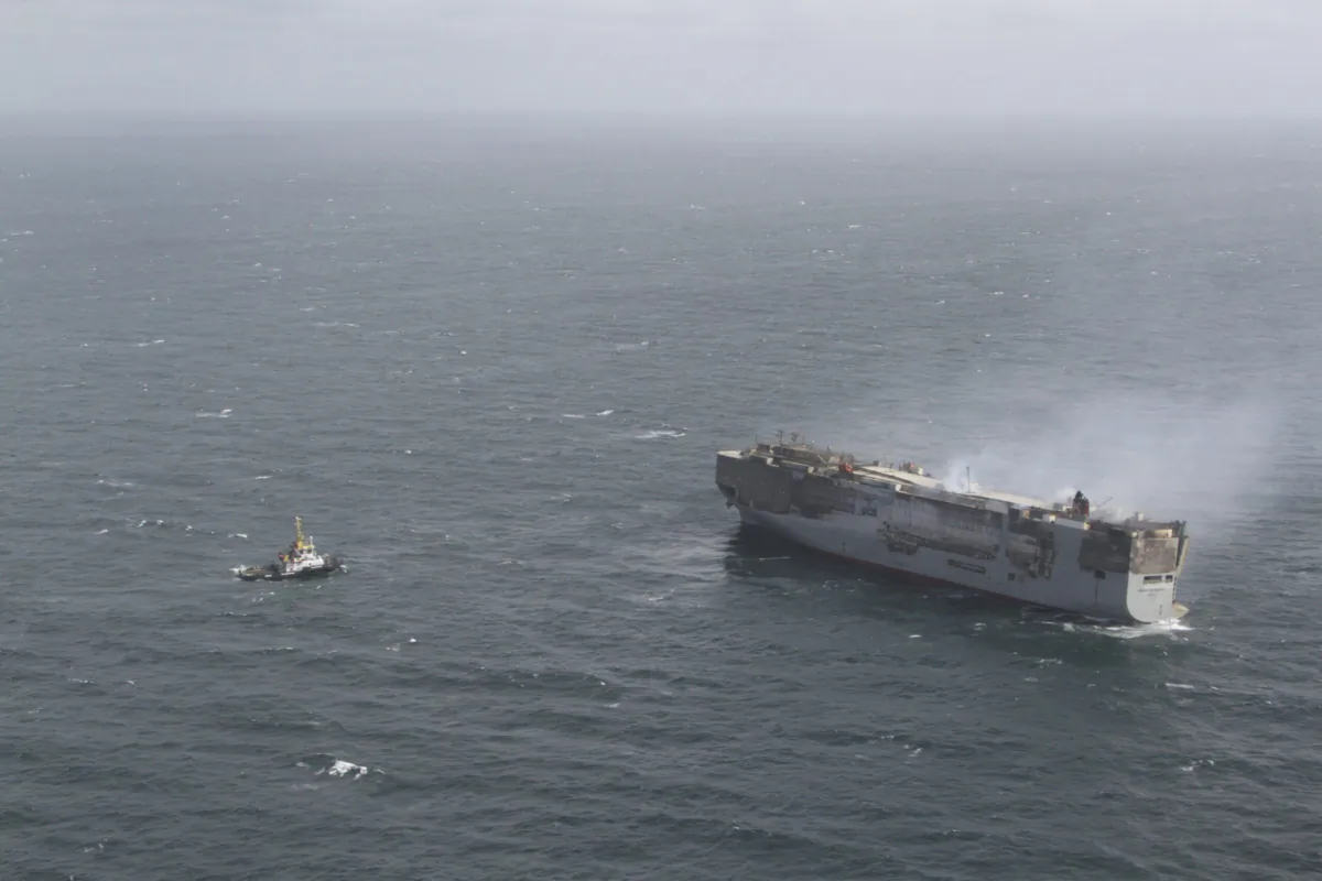 The freight ship, the Fremantle Highway, in the North Sea on July 30, 2023. (Kustwacht Nederland/Coast Guard Netherlands via AP)
