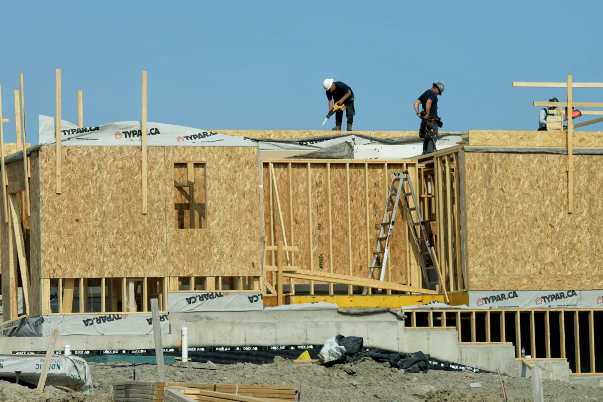 A new housing development is constructed just outside the perimeter of the Duffins Rouge Agricultural Preserve, part of Ontario's Greenbelt, on May 15, 2023. (The Canadian Press/Chris Young)