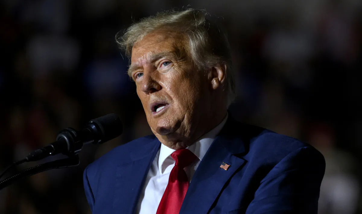 Former U.S. President Donald Trump speaks to supporters during a political rally while campaigning for the GOP nomination in the 2024 election at Erie Insurance Arena in Erie, Pa., on July 29, 2023. (Jeff Swensen/Getty Images)