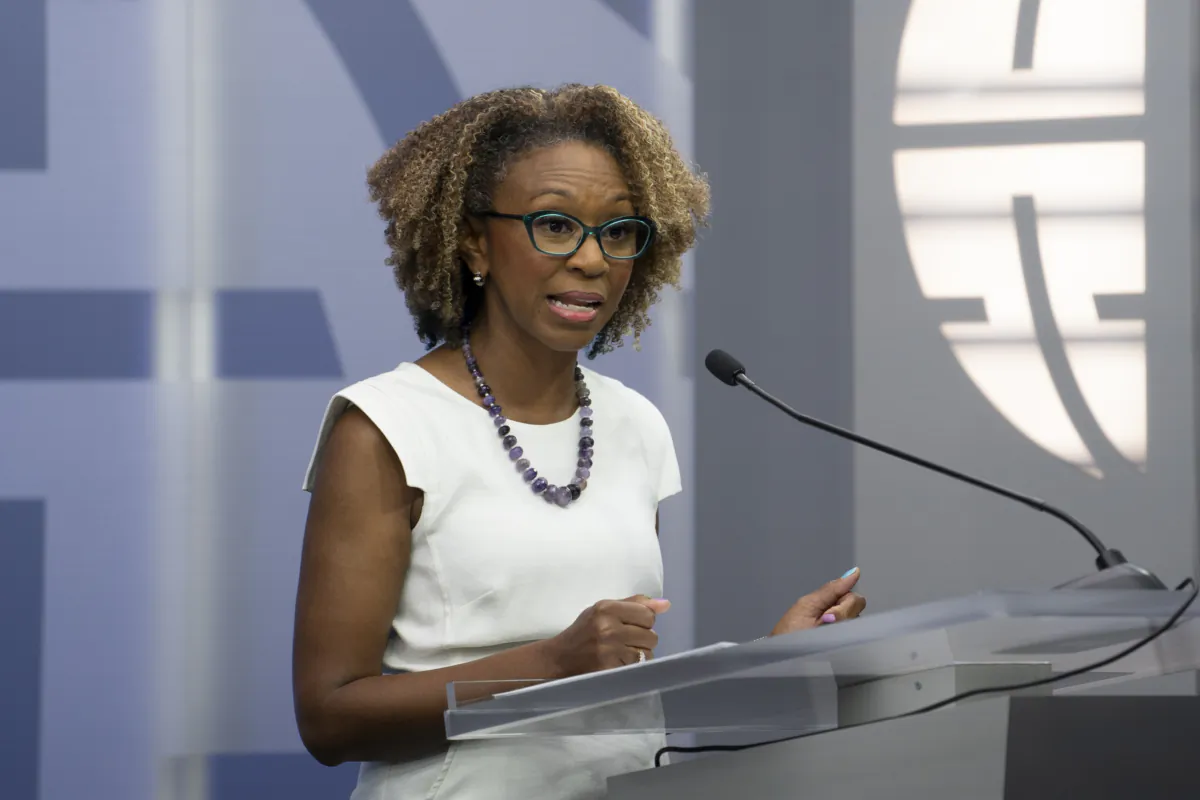 Acting National Cyber Director Kemba Walden speaks during the "National Cyber Workforce and Education Strategy: Unleashing America’s Cyber Talent" event at the Atlantic Council in Washington on July 31, 2023. (Madalina Vasiliu/The Epoch Times)