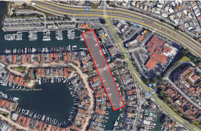 Aerial view of the water closed off from water sports activities following a sewage spill in Newport Beach harbor, Calif., on July 30, 2023. (Courtesy of City News Service)