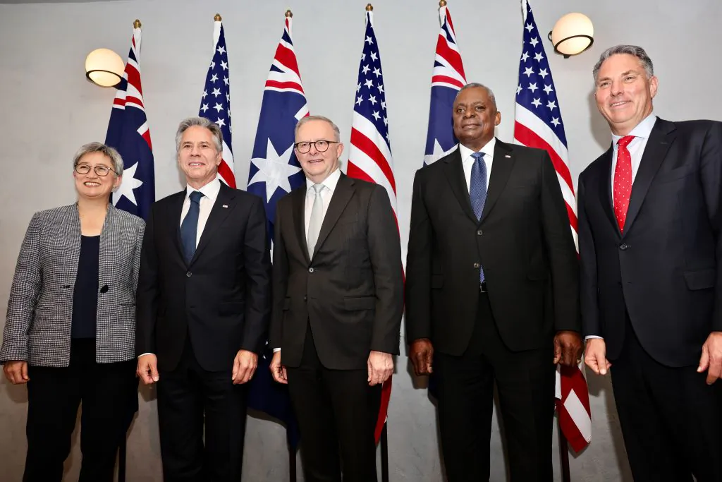 (L-R) Australian Foreign Minister Penny Wong, U.S. State Secretary Antony Blinken, Australian Prime Minister Anthony Albanese, U.S. Defense Secretary Lloyd Austin, and Australian Deputy Prime Minister and Defence Minister Richard Marles attend a lunch at Persone Italian Restaurant in Brisbane, Australia, on July 28, 2023. (Sarah Friend/Australian Government Department of Foreign Affairs and Trade via Getty Images)