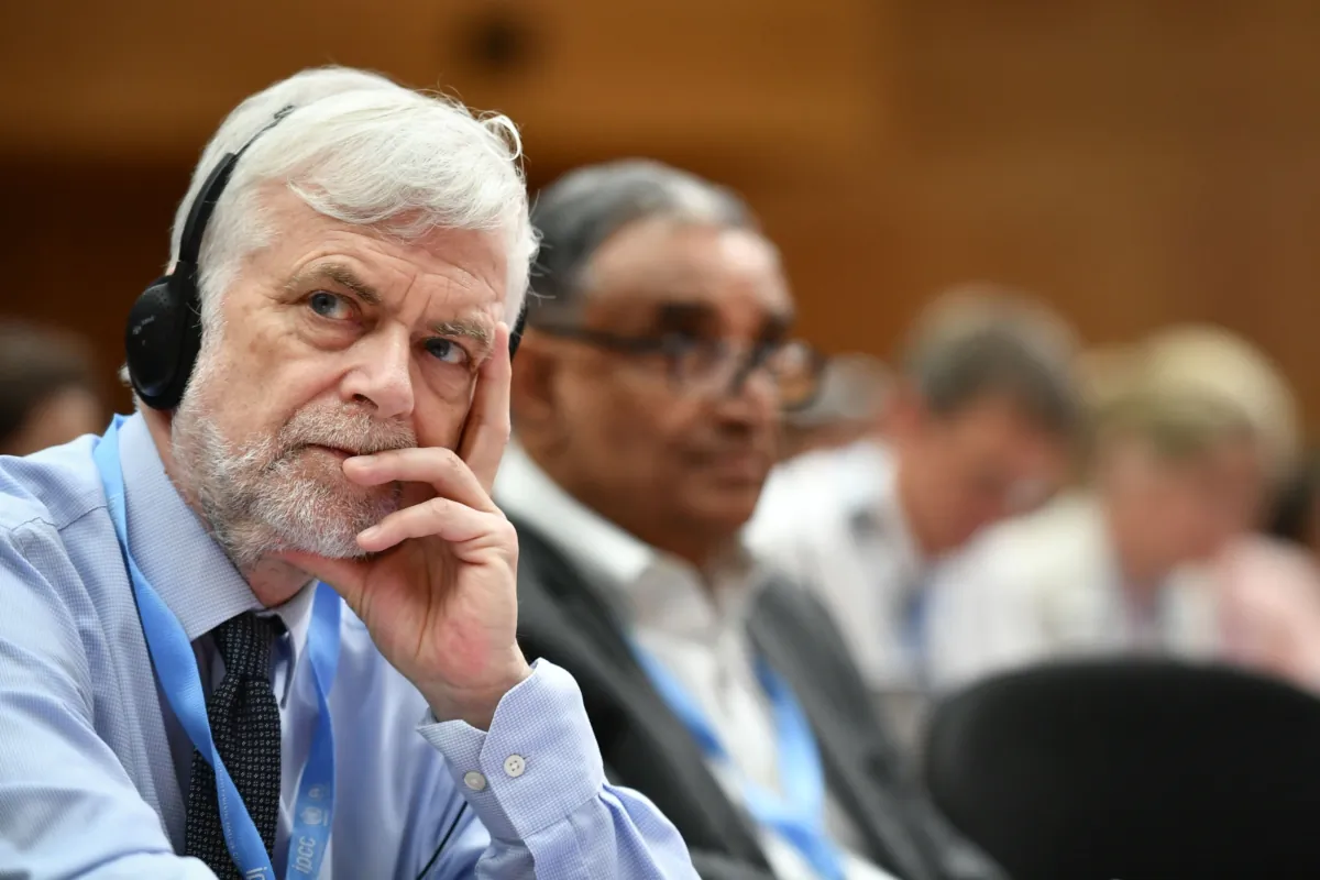 Intergovernmental Panel on Climate Change (IPCC) British delegate Jim Skea looks on as he attends the opening meeting of the 50th session of the U.N. body for assessing the science related to climate change, in Geneva, Switzerland, on Aug. 2, 2019. (Fabrice Coffrini/AFP via Getty Images)