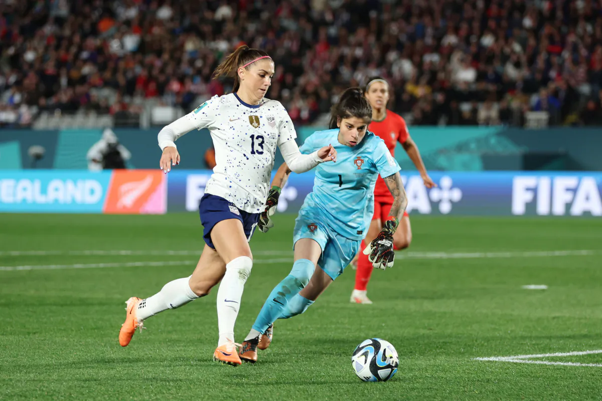 Alex Morgan of USA controls the ball against Ines Pereira of Portugal during the FIFA Women's World Cup Australia & New Zealand 2023 Group E match between Portugal and USA at Eden Park in Auckland, New Zealand, on August 1, 2023. (Buda Mendes/Getty Images)