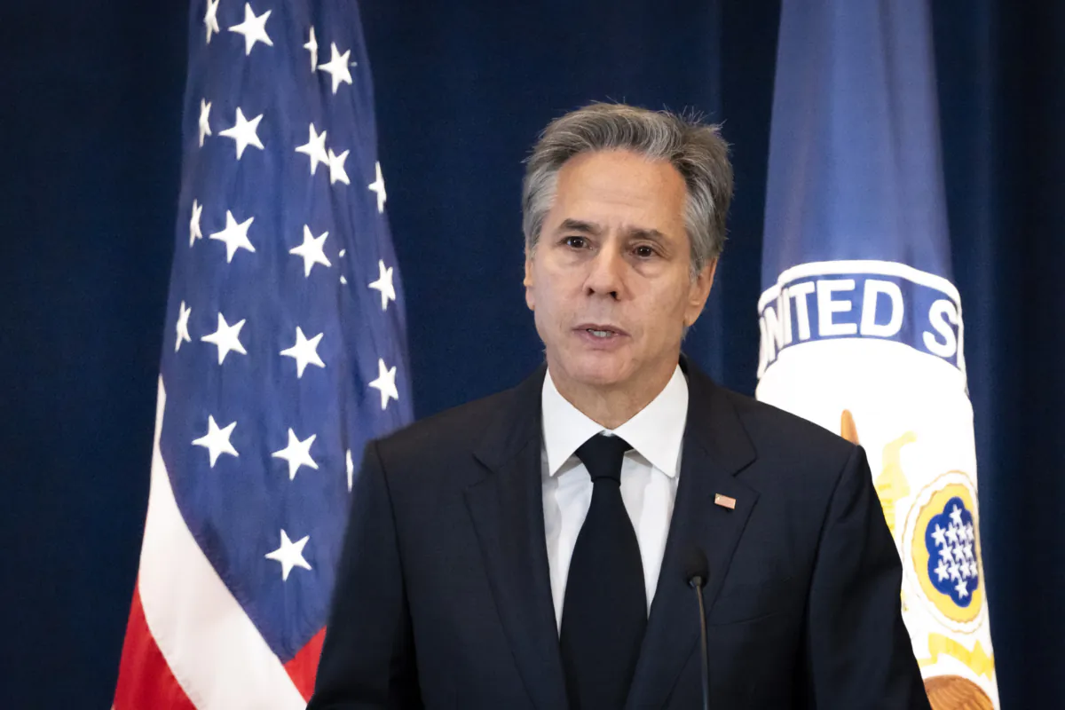 U.S. Secretary of State Antony Blinken speaks during the launch of the Bureau of Global Health Security and Diplomacy at the State Department in Washington on Aug. 1, 2023. (Madalina Vasiliu/The Epoch Times)