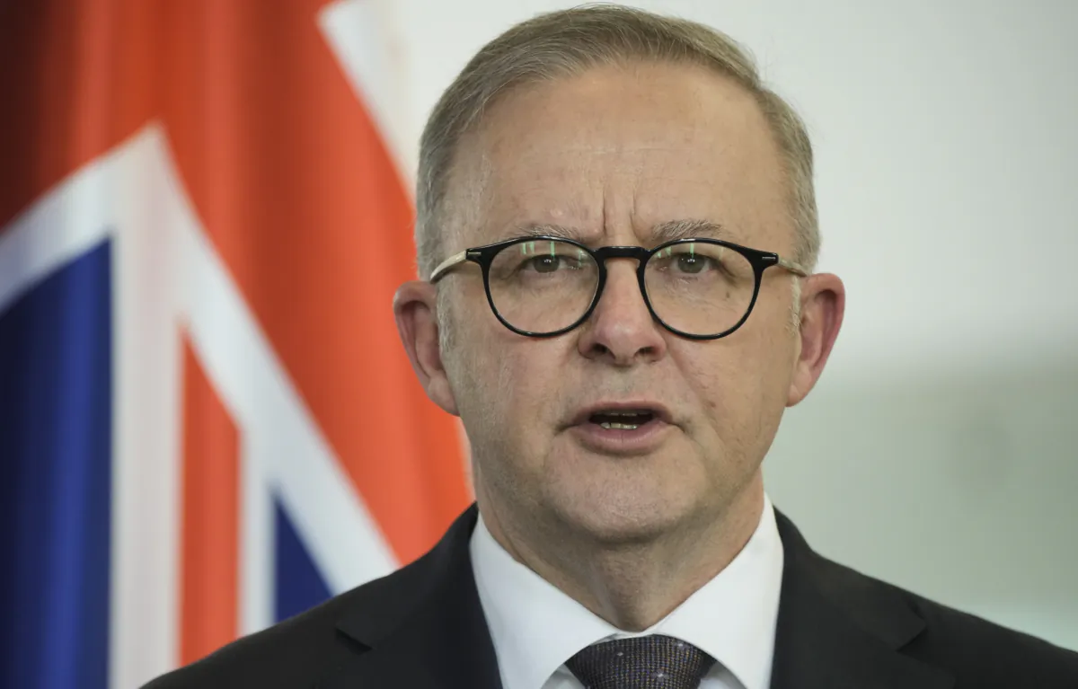 Australian Prime Minister Anthony Albanese briefs the media during a joint news conference with German Chancellor Olaf Scholz after a meeting at the chancellery in Berlin on July 10, 2023. (Markus Schreiber/AP Photo)