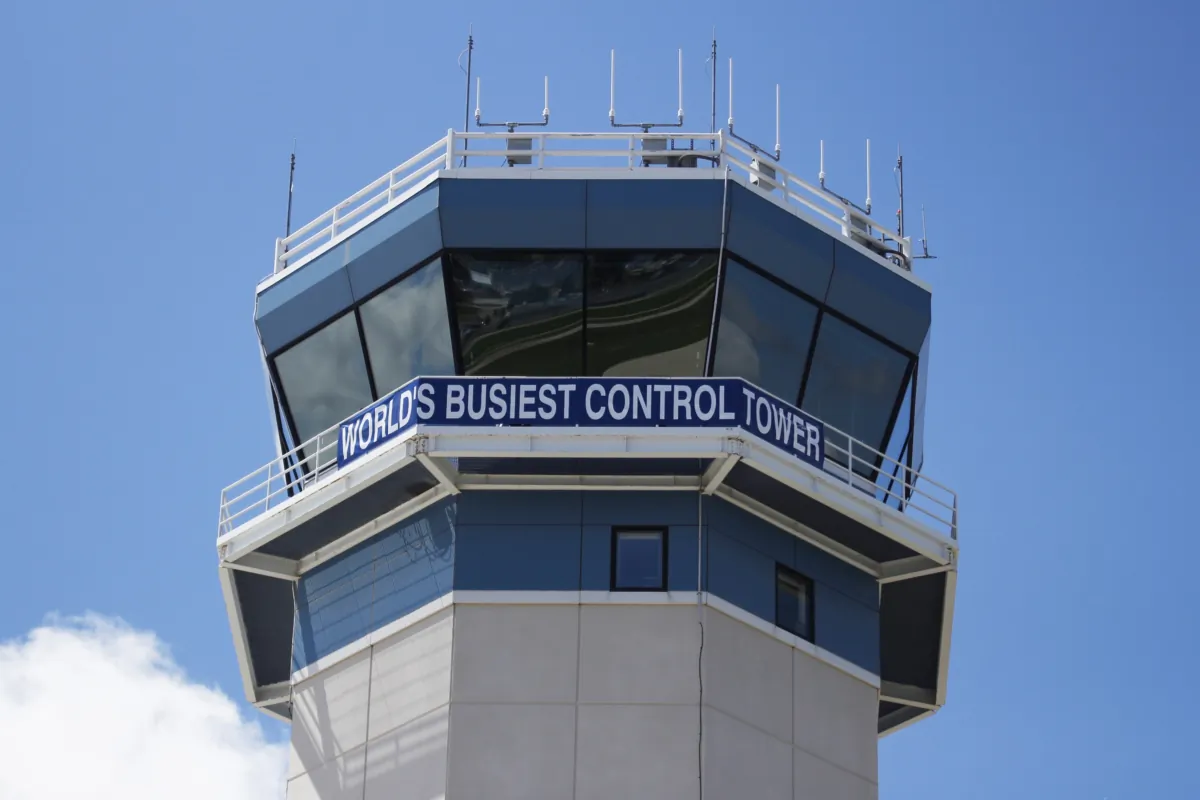 The control tower sits above the Wittman Regional Airport in Oshkosh, Wis., in a file photo. (Carrie Antlfinger/AP Photo)