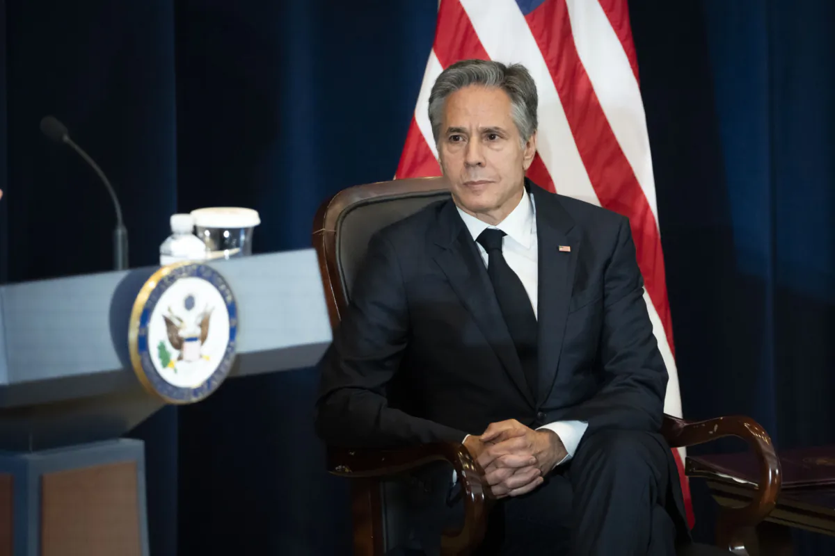 U.S. Secretary of State Antony Blinken listens to other speakers during the Bureau of Global Health Security and Diplomacy launch at the State Department in Washington on Aug. 1, 2023 (Madalina Vasiliu/The Epoch Times)
