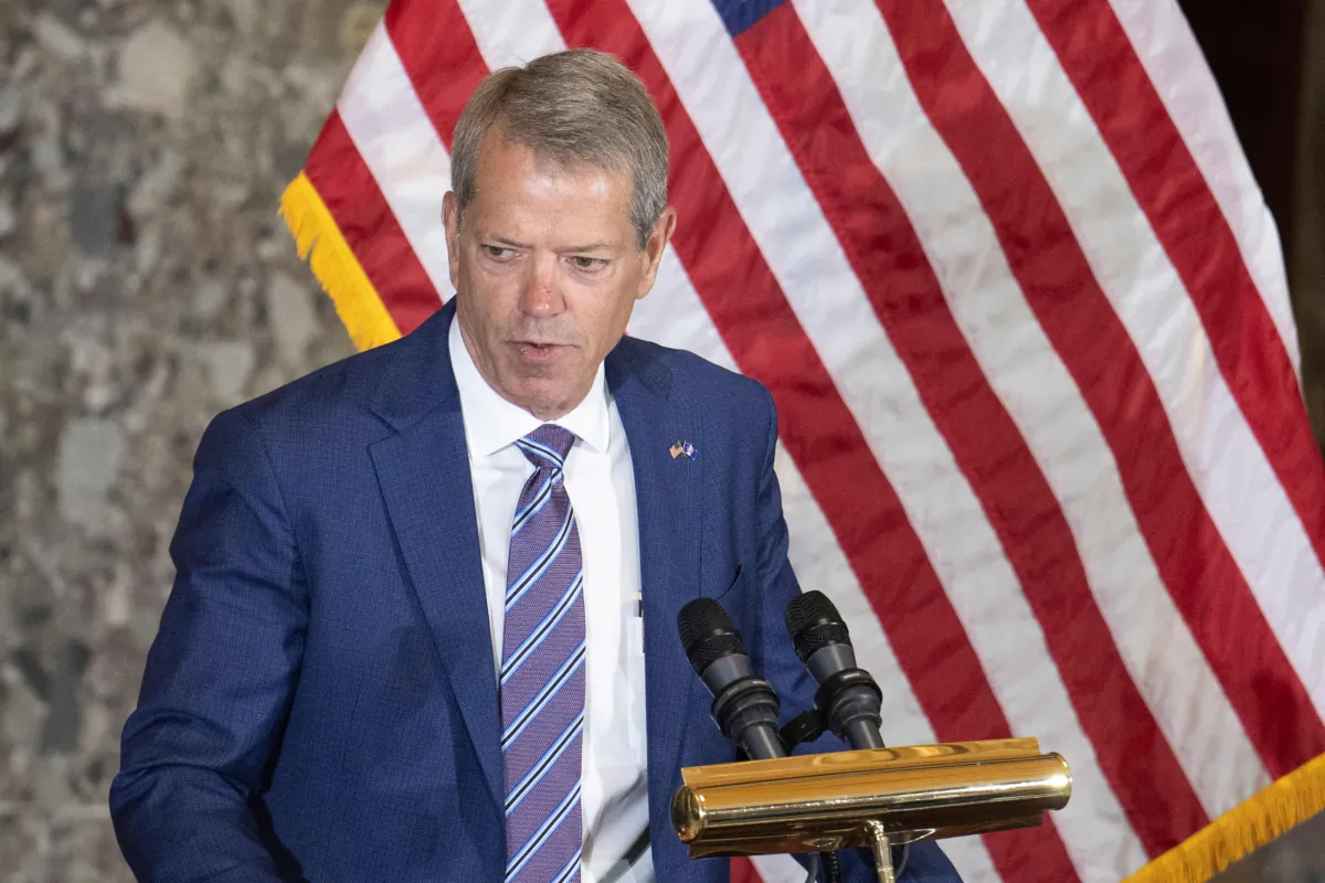 Nebraska Gov. Jim Pillen speaks during a statue dedication ceremony for U.S. writer and novelist Willa Cather in the Statuary Hall of the U.S. Capitol in Washington on June 7, 2023. (Jim Watson/AFP via Getty Images)