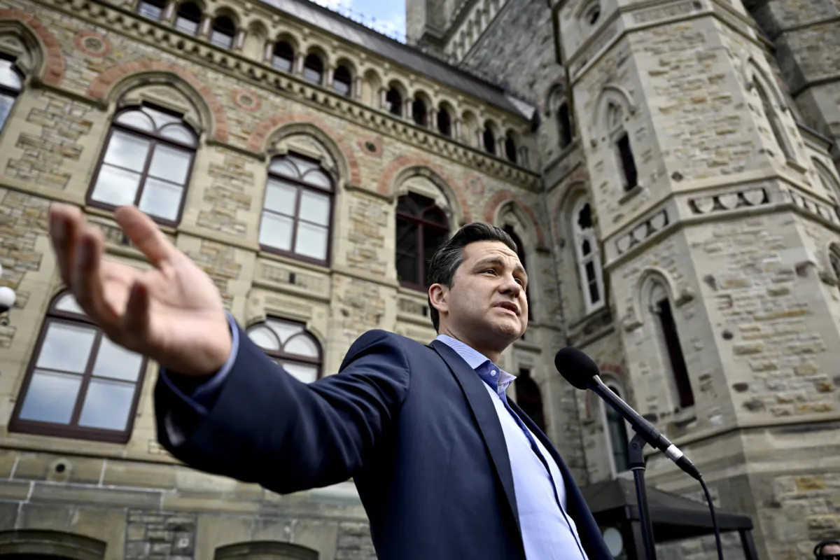 Conservative Leader Pierre Poilievre speaks at a news conference outside West Block on Parliament Hill in Ottawa on Aug. 1, 2023. (Justin Tang/The Canadian Press)