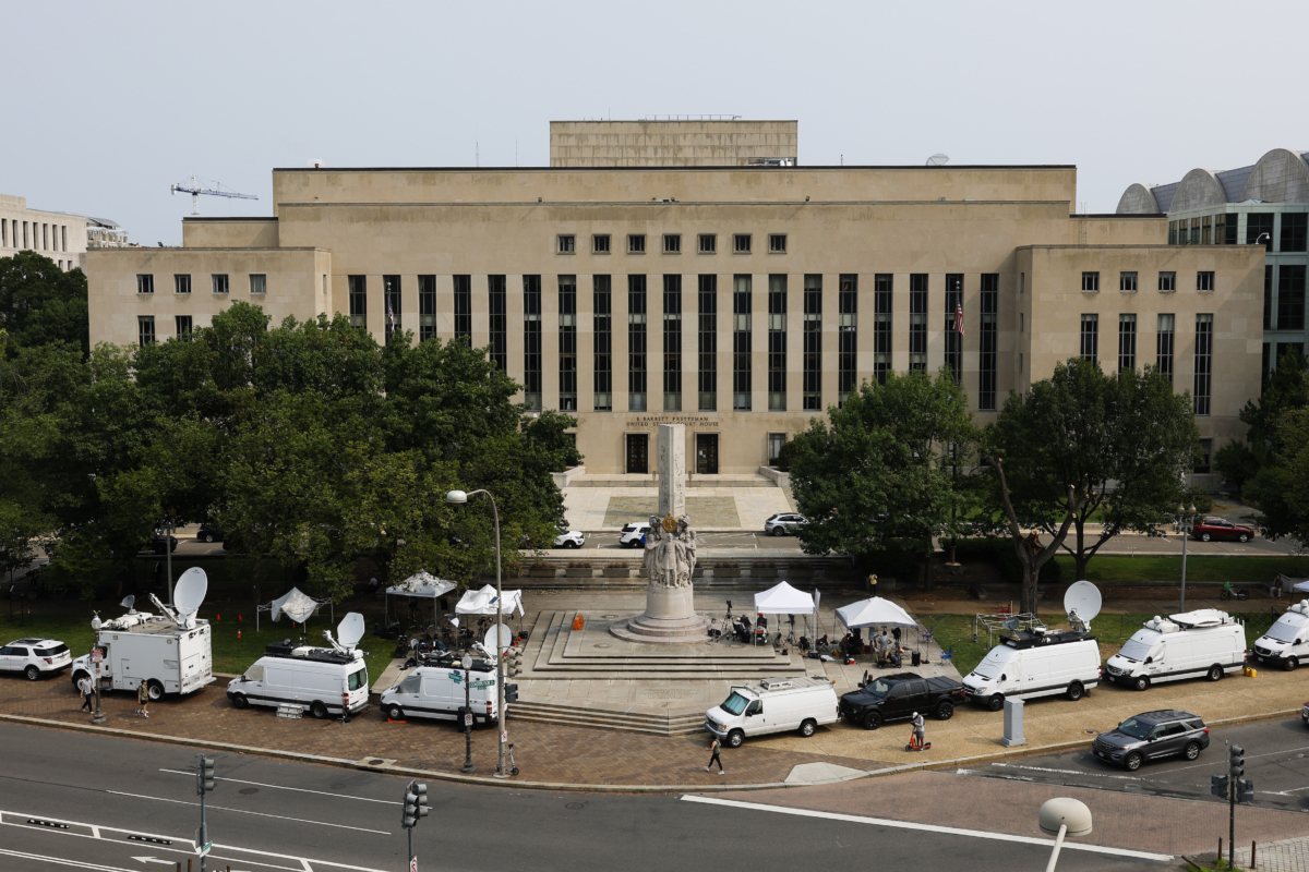 Media tents and television satellite trucks sit parked outside of the E. Barrett Prettyman U.S. District Court House on August 01, 2023 in Washington, DC. (Anna Moneymaker/Getty Images)