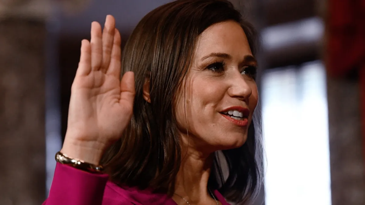Sen. Katie Britt (R-Ala.) is ceremonially sworn in for the 118th Congress in the Old Senate Chamber at the U.S. Capitol in Washington on Jan. 3, 2023. (Oliver Douliery/AFP via Getty Images)