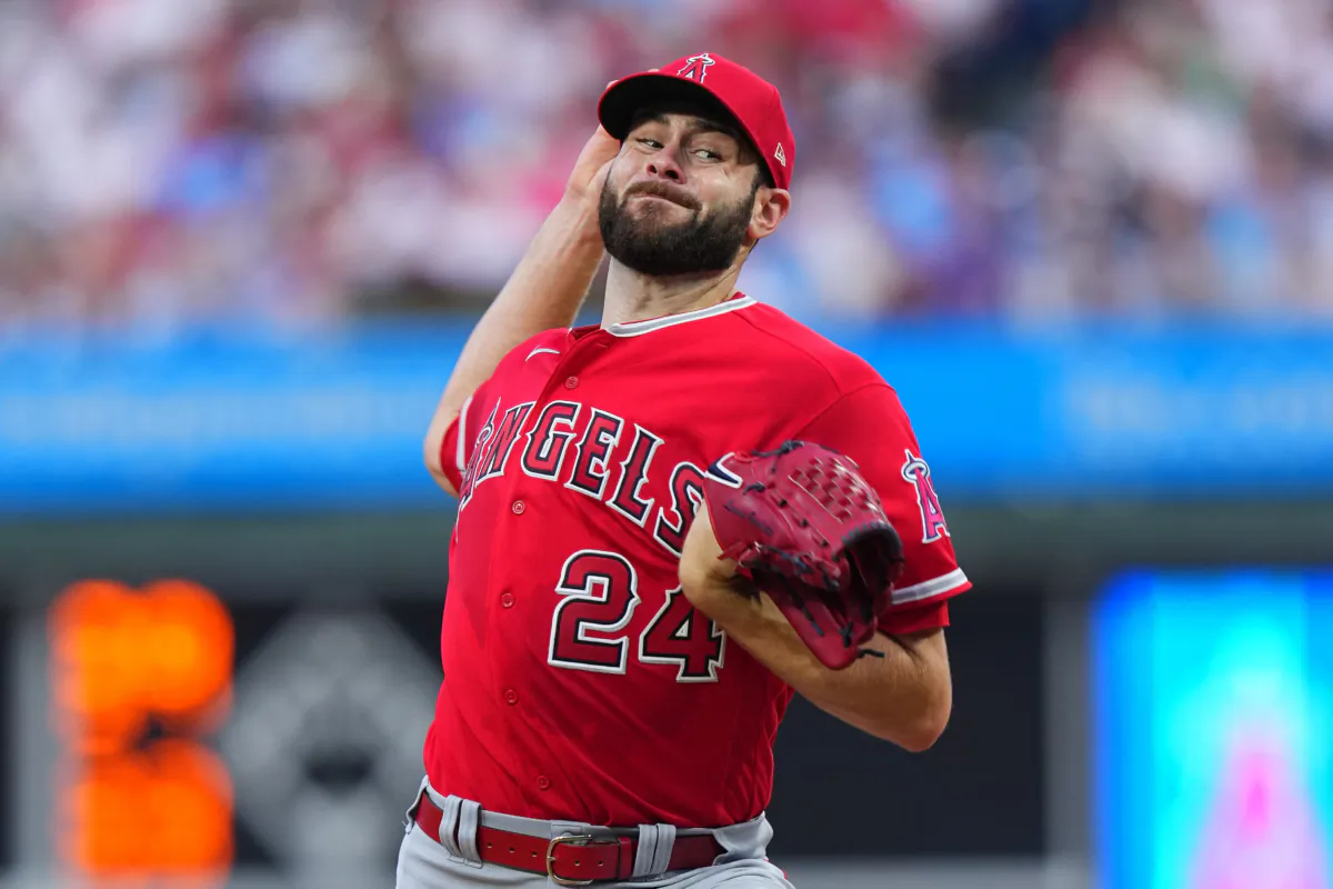 Lucas Giolito (24) of the Los Angeles Angels throws a pitch in the bottom of the first inning against the Philadelphia Phillies at Citizens Bank Park in Philadelphia on August 28, 2023. (Mitchell Leff/Getty Images)
