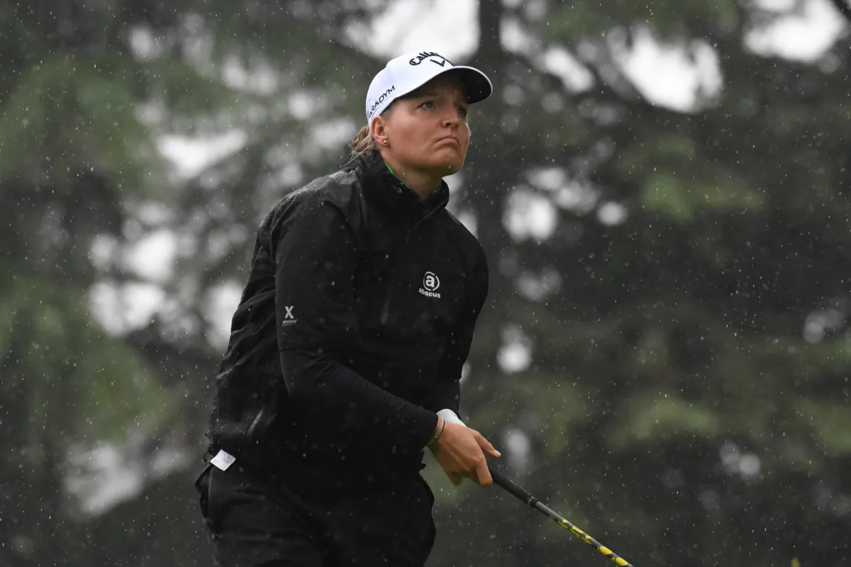Perrine Delacour of France follows her shot from the 11th tee during the first round of the Portland Classic at Columbia Edgewater Country Club in Portland on August 31, 2023. (Steve Dykes/Getty Images)