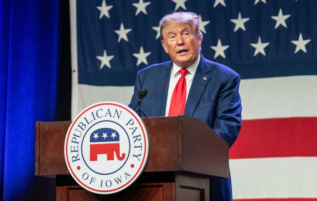 Former president Donald Trump speaks at the Republican Party of Iowa's 2023 Lincoln Dinner in Des Moines, Iowa, on July 28, 2023. (Sergio Flores/AFP via Getty Images)