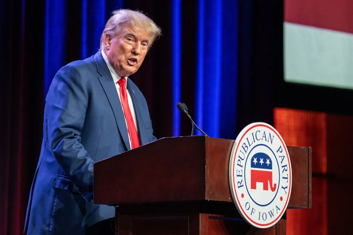 Former president Donald Trump speaks at the Republican Party of Iowa's 2023 Lincoln Dinner in Des Moines, Iowa, on July 28, 2023. (SERGIO FLORES/AFP via Getty Images)