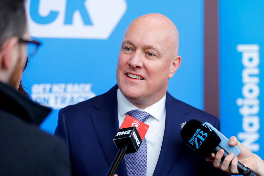 National Party leader Christopher Luxon speaks to media during the National Party Annual Conference at Michael Fowler Centre in Wellington, New Zealand, on June 24, 2023. (Hagen Hopkins/Getty Images)
