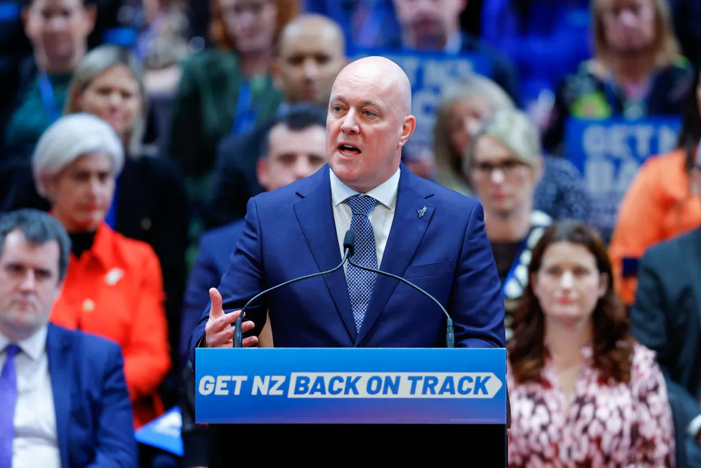National Party leader Christopher Luxon delivers a speech during the National Party Annual Conference at Michael Fowler Centre on June 25, 2023 in Wellington, New Zealand. (Hagen Hopkins/Getty Images)