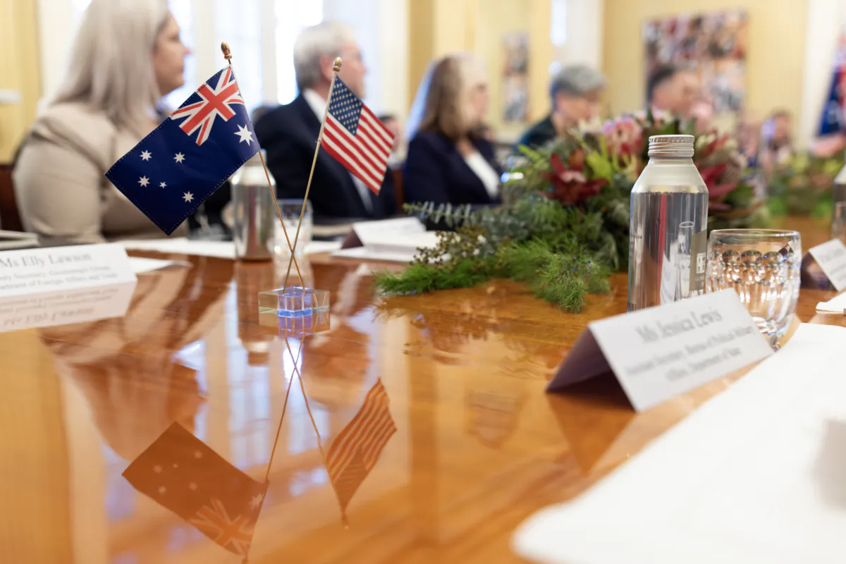 Australian and U.S. flags are seen during the 33rd Australia-United States Ministerial Consultations (AUSMIN) meeting in Brisbane, Australia, on July 29, 2023. (Australian Department of Defence)