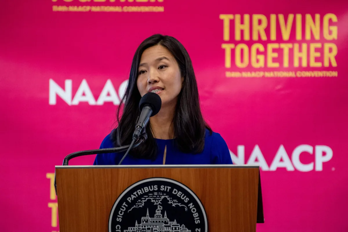 Boston Mayor Michelle Wu speaks during a news conference ahead of the 114th National Association for the Advancement of Colored People (NAACP) National Convention, in Boston on June 27, 2023. (Joseph Prezioso/AFP via Getty Images)