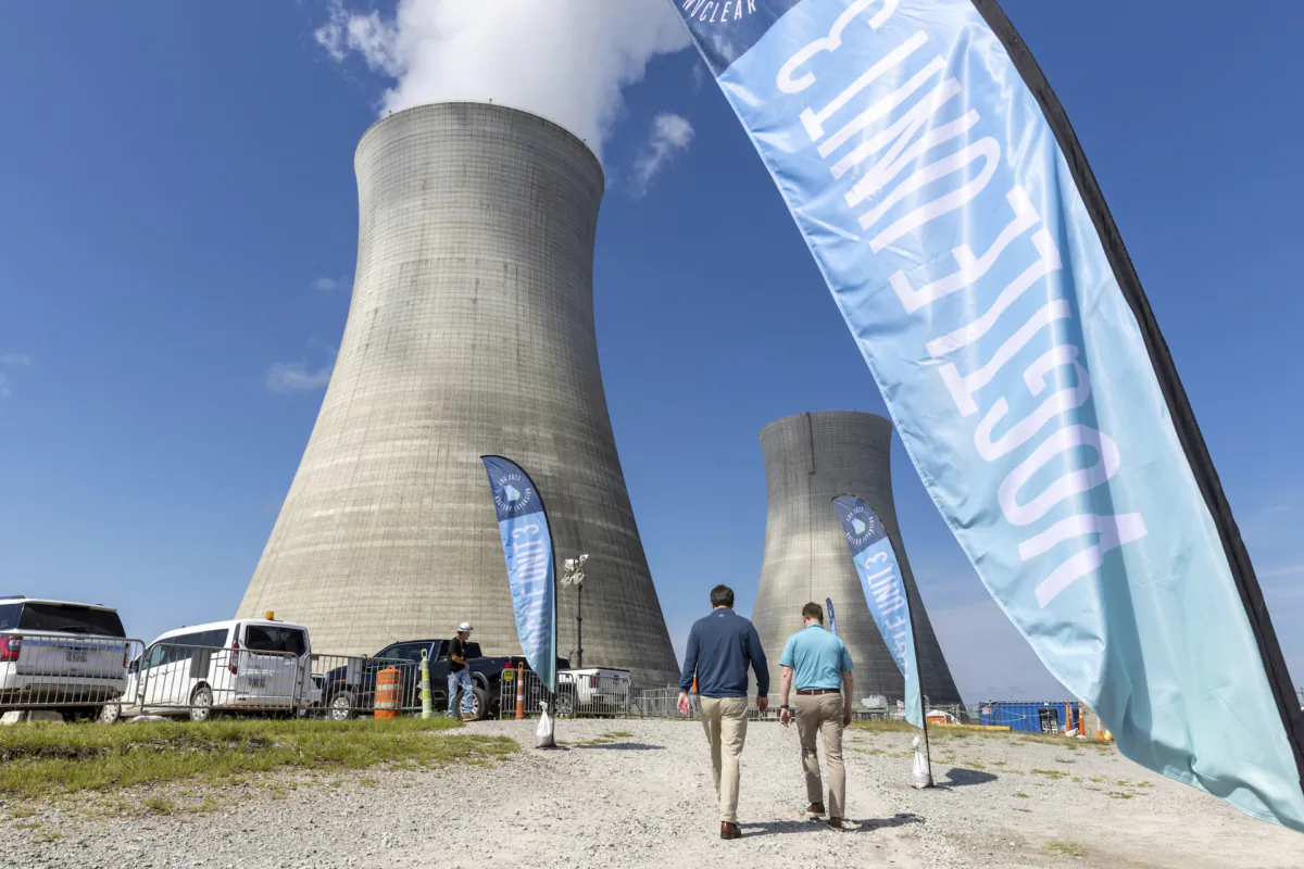 A view of cooling towers for units 3, from left, and 4 at Plant Vogtle, in Burke County near Waynesboro, Ga., on  July 31, 2023. (Arvin Temkar/Atlanta Journal-Constitution via AP)