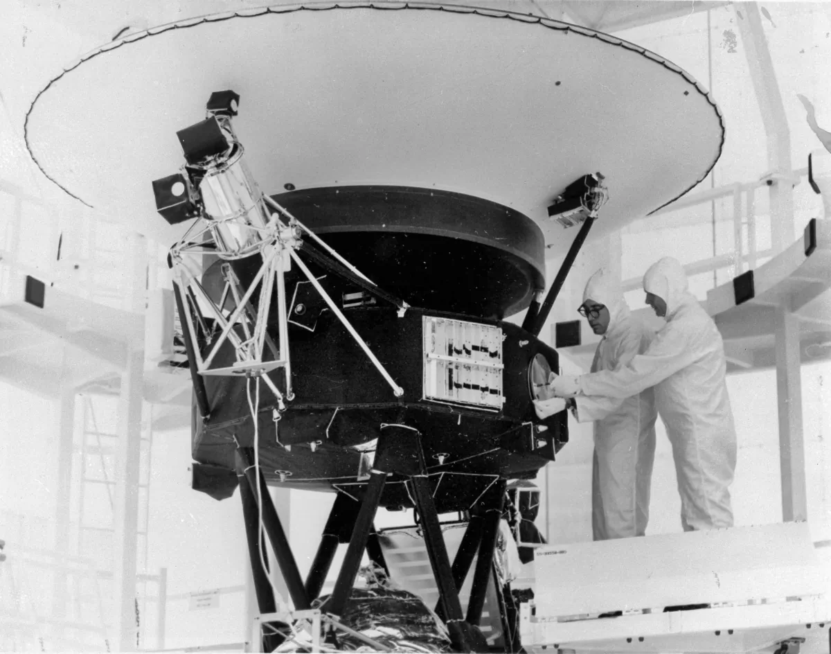 The "Sounds of Earth" record is mounted on the Voyager 2 spacecraft in the Safe-1 Building at the Kennedy Space Center, Fla., on Aug. 4, 1977. (NASA/AP Photo)