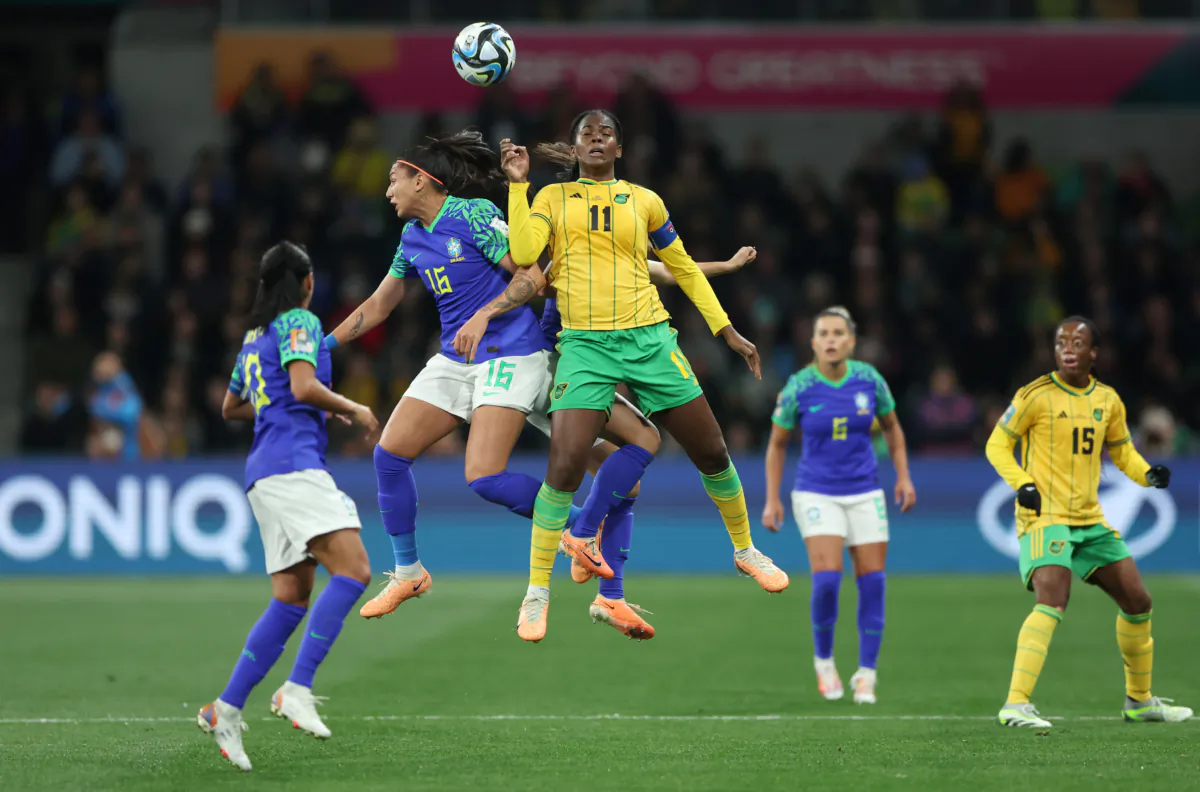 Bia Zaneratto of Brazil jumps for the ball with Khadija Shaw of Jamaica during the FIFA Women's World Cup Australia & New Zealand 2023 Group F match between Jamaica and Brazil at Melbourne Rectangular Stadium in Melbourne, Australia, on August 2, 2023. (Robert Cianflone/Getty Images)