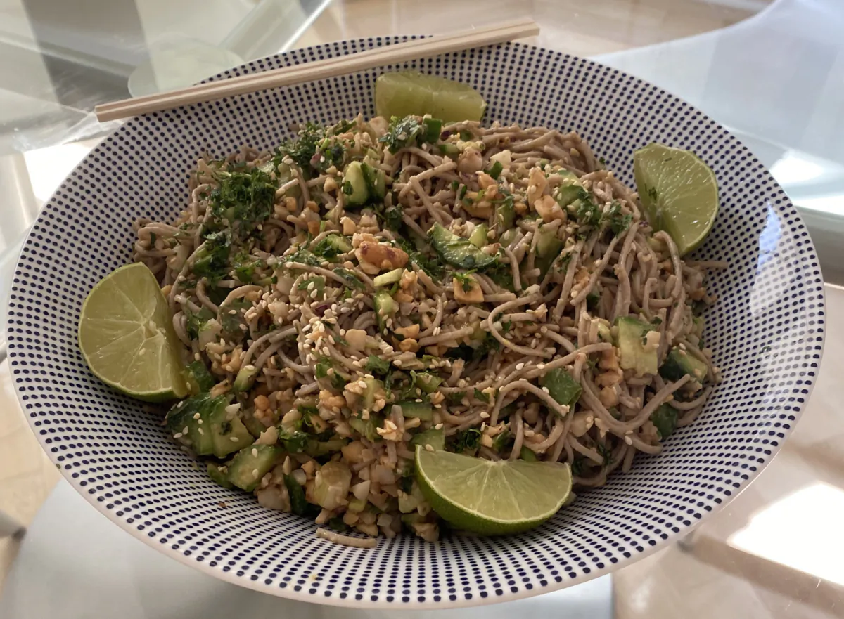 Crispy radish, cucumber and water chestnut slices add just the right crunch and color to these softened noodles. (Laurie Burrows Grad/TNS)