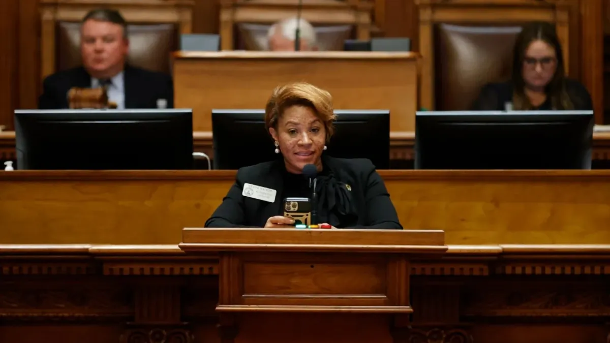 Georgia state Rep. Mesha Mainor (D-Atlanta) speaks in the House Chamber at the Georgia Capitol, in Atlanta, on March 6, 2023. Mainor announced on July 11, 2023 that she was switching from the Democratic Party to the Republican Party, saying Democrats had driven her out for refusing to follow party orthodoxy. (Alex Slitz/AP Photo)