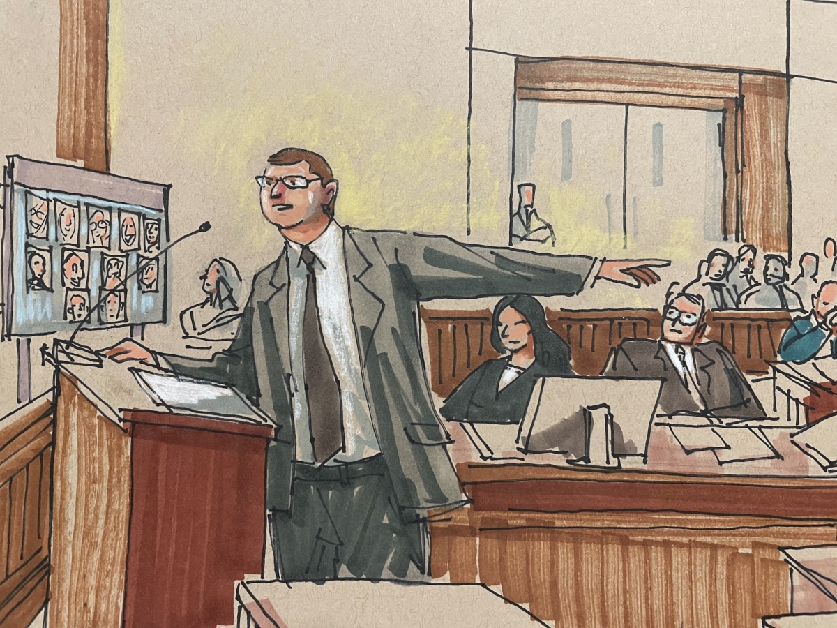 U.S. Attorney Eric Olshan argues before a federal jury that 2018 Pittsburgh synagogue attack defendant Robert Bowers should receive the death penalty, in Pittsburgh, Penn., on July 31, 2023. (Dave Klug via AP)