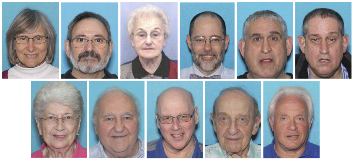 Combo image featuring the victims of the Oct. 27, 2018, assault on the Tree of Life synagogue in Pittsburgh, Penn.; top row, from left, Joyce Fienberg, Richard Gottfried, Rose Mallinger, Jerry Rabinowitz, Cecil Rosenthal, and David Rosenthal; bottom row, from left, Bernice Simon, Sylvan Simon, Dan Stein, Melvin Wax, and Irving Younger. (United States District Court Western District of Pennsylvania via AP)