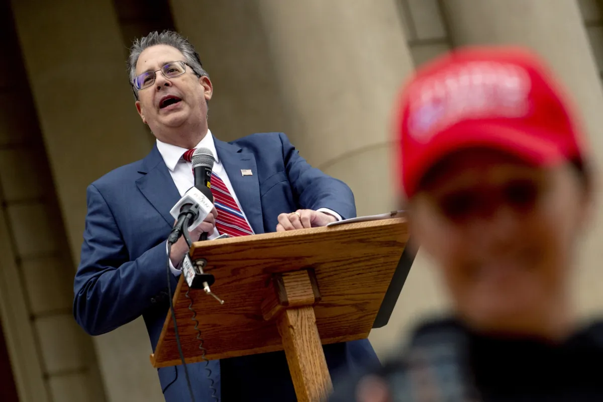 Matthew DePerno, Republican candidate for Michigan attorney general, speaks during a rally at the Michigan state Capitol in Lansing, Mich., on Oct. 12, 2021. (Jake May/The Flint Journal via AP)