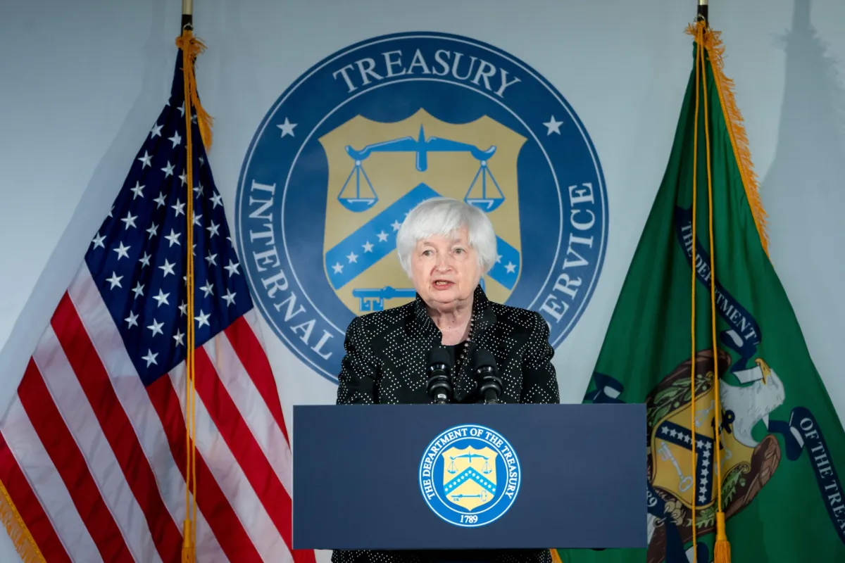 Treasury Secretary Janet Yellen delivers remarks on the Inflation Reduction Act after visiting the site of a new paperless processing initiative in McLean, Va., on Aug. 2, 2023. (Stefani Reynolds/AFP via Getty Images)