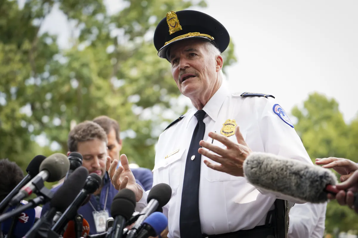 U.S. Capitol Police Chief Thomas Manger speaks with reporters during a press briefing after police received a 911 call of an active shooter in the Russell Senate office building on Capitol Hill in Washington on Aug. 2, 2023. (Madalina Vasiliu/The Epoch Times)